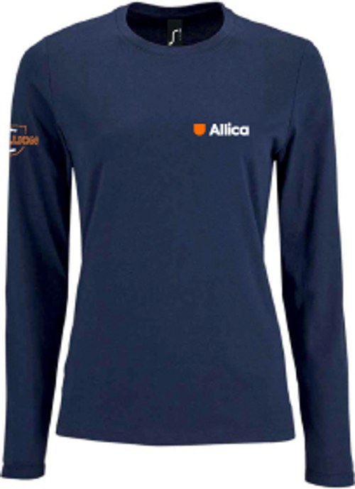A navy branded long-sleeve top