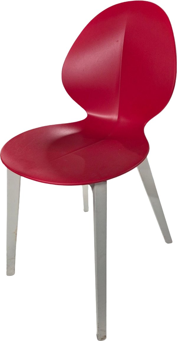 A red plastic chair with metal legs
