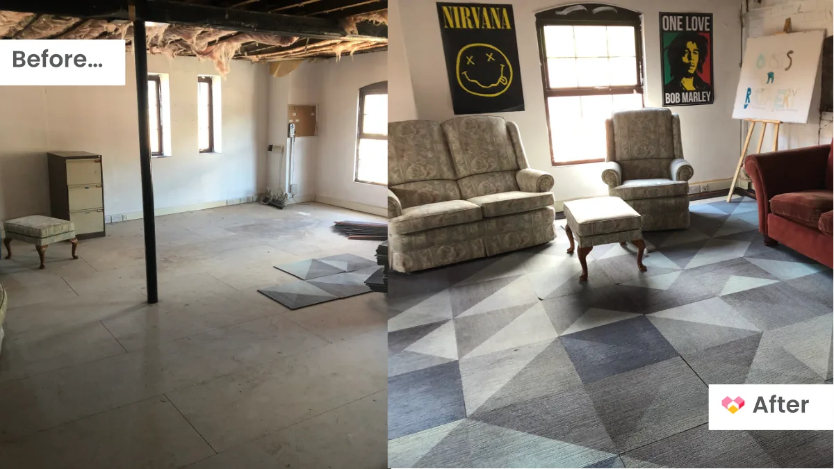   The room at The Oasis Partnership before and after its transformation.  